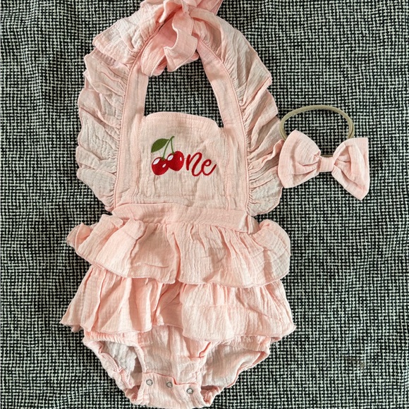 Pink Ruffled Cherry Romper with Headband